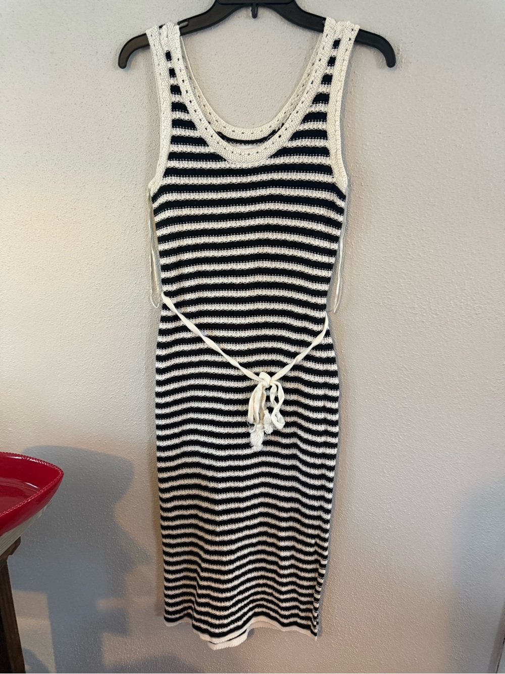 Nine West Black & White Striped Knit Midi Dress with Waist Tie